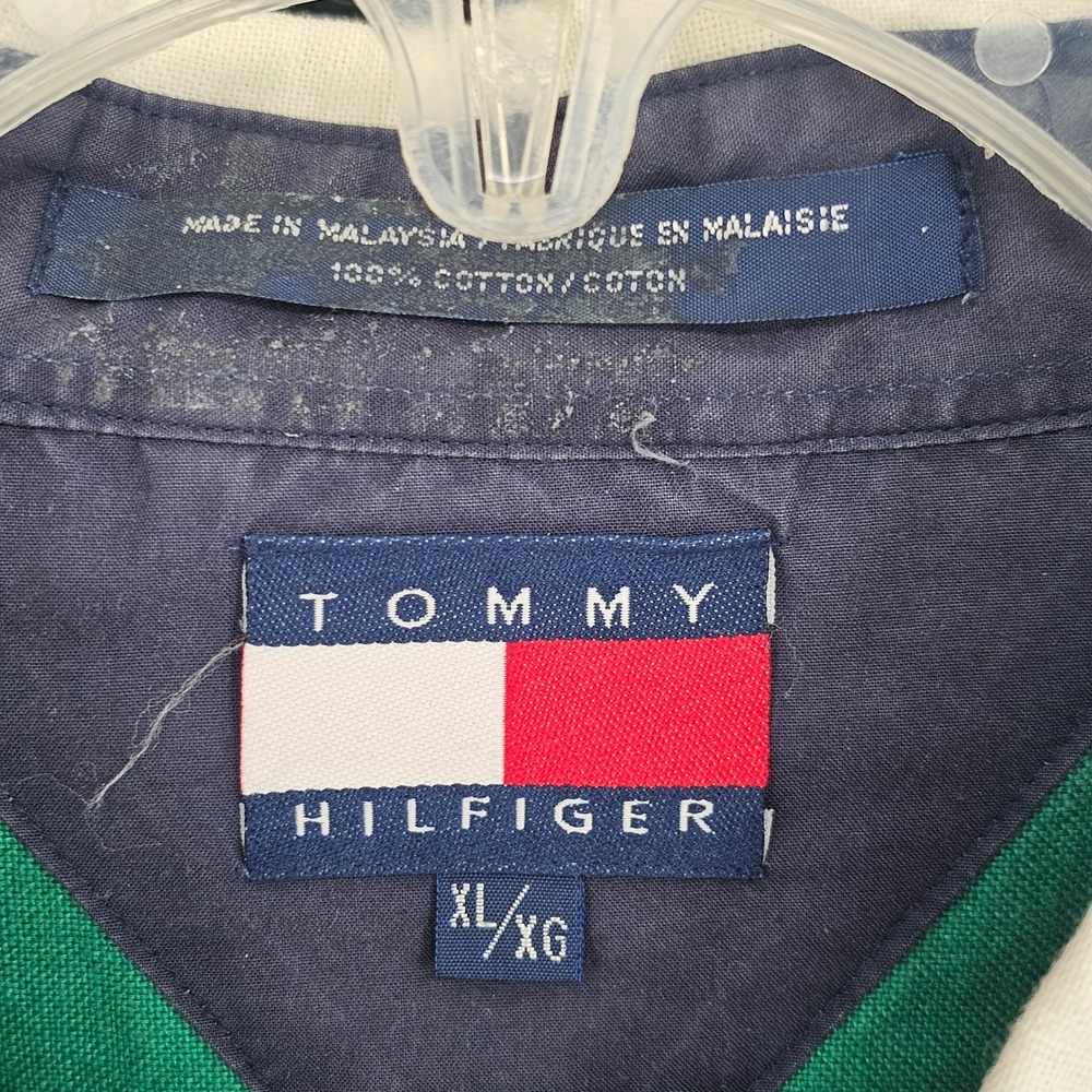 Vintage Tommy Hilfiger Button Down Shirt XL Green White Striped Crest Logo 90s - Picture 4 of 10